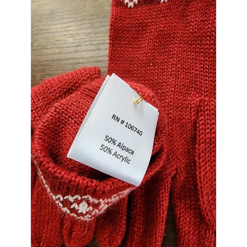 Alpaca Blend Knit Gloves Fair Isle Cuff Apres Ski Red Winter Cozy Cabin Chalet